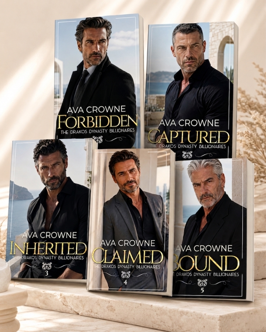 The Drakos Dynasty — all five paperbacks by Ava Crowne, staged on Mediterranean stone steps